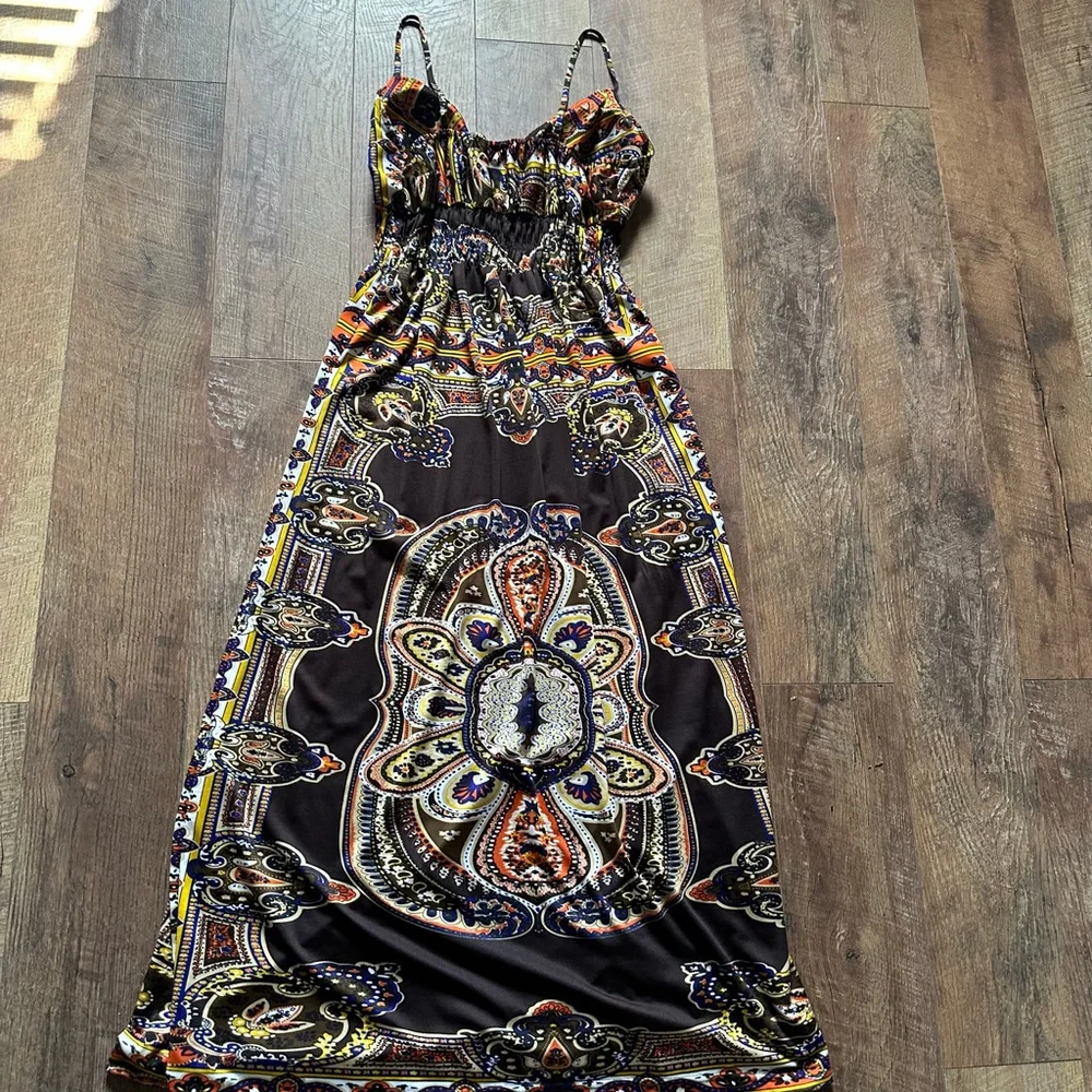 Women's SHESWOL Maxi Dress L Brown Orange Paisley Y2K - Picture 13 of 13